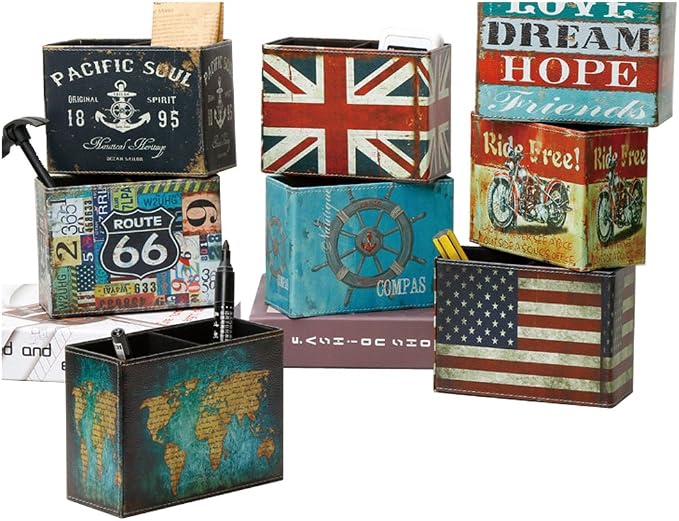 DreamsEden Vintage Pen Pencil Holder Cup Retro Pattern Desk Organizer for Home Office Bedroom (Blue World Map Square)