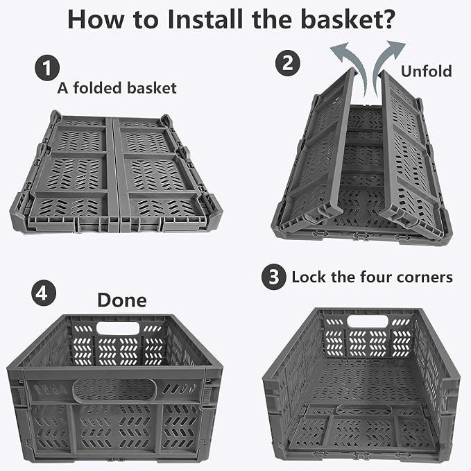 4-Pack Plastic Storage Crates,20L Foldable Baskets,Collapsible Crates, Baskets and Bins for Toys, Home Storage, Office Products, Gifts, Easter Eggs (Grey)