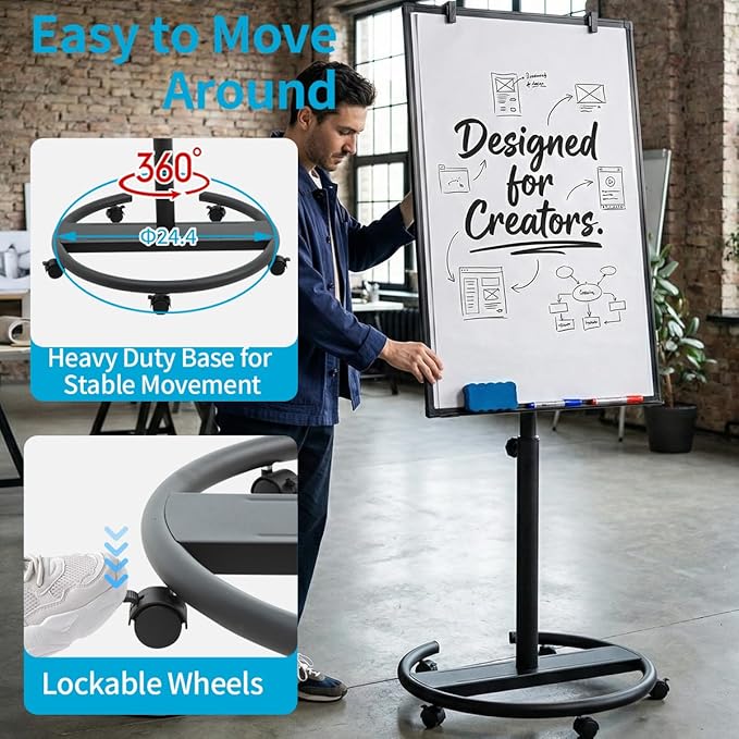 Black Mobile Whiteboard on Wheels 36 x 24 Inch-Rolling Magnetic Dry Erase Easel Board with Flipchart Paper Pad-Height Adjustable Standing Board for Meetings, Classes, Training, Workshops