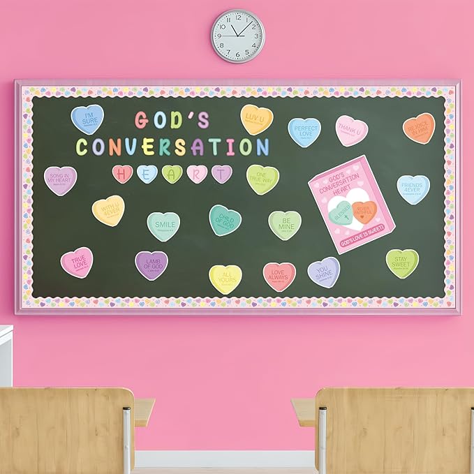 135Pcs Valentine’s Day Conversation Heart Bulletin Board Decoration Candy Heart Cutouts Border Trim Jesus Religious Sunday School Classroom Wall Decors for Chalkboard Valentines Party Supplies