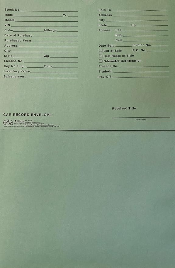 A Plus Car Record Envelope #19 Vehicle Dealer Jackets, 100 Quantity, Green (P17)