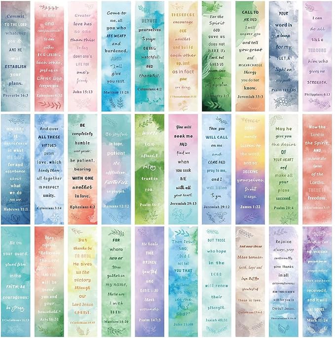 30Pcs Motivational Bible Verses Bookmarks |Inspirational Christian Watercolour Page-Markers for Kids Students Teens Adults and Reading Lovers as School Church Christmas Easter Gift