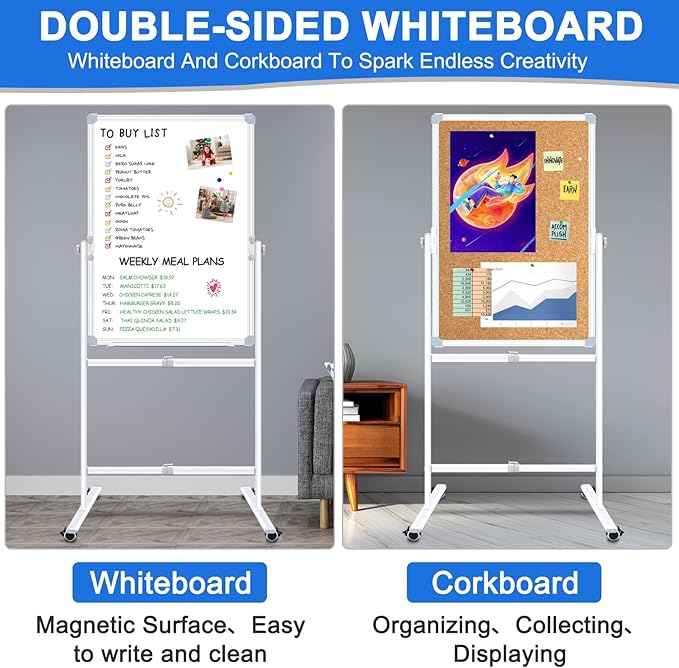 Max-officoo 30"x40" Double Sided Whiteboard & Cork Board on Wheels Adjustable Height & Angle Mobile Magnetic Dry Erase Board with Rolling Stand
