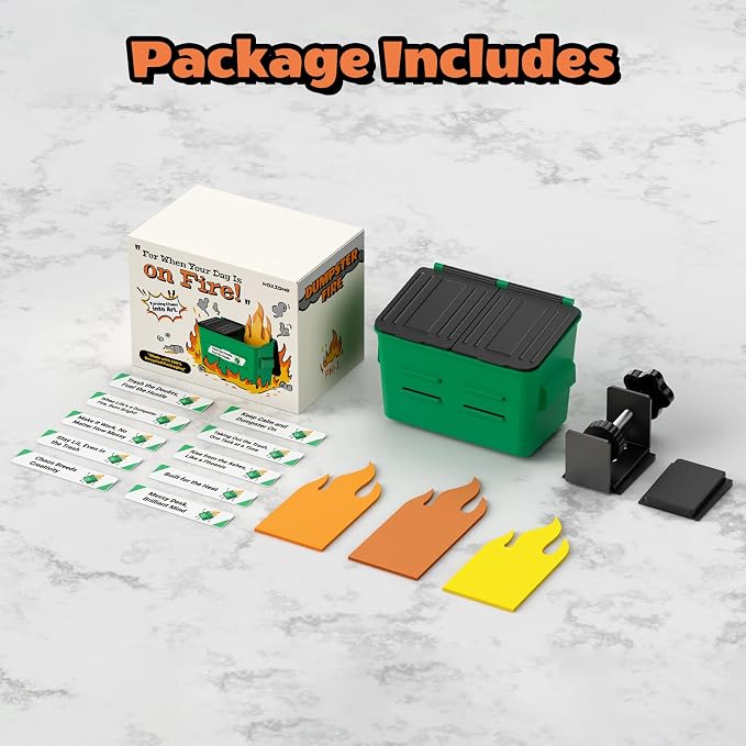 Dumpster Fire Desk Accessories For Standing Desk - Fun Office Gag Gifts & White Elephant Gifts with 10 Affirmation Cards, Pen Holder Clamp & Magnet