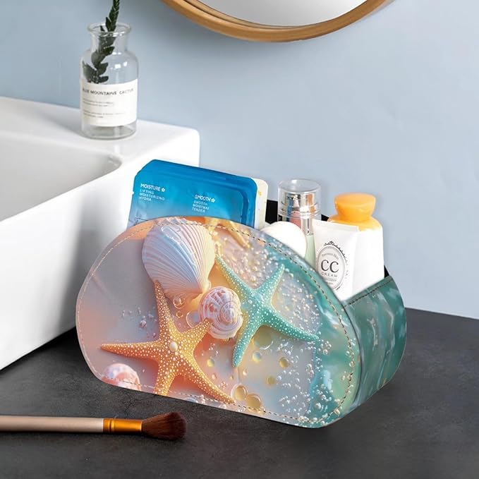 Forchrinse Teal Orange Starfish Remote Control Holder with 5 Compartments-Leather Remote Caddy Box Multi-use Desktop Storage Organizer for TV Remote Holders,Media Players