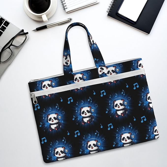 Portable Canvas Zipper File Bag with Handle, Waterproof Document Organizer Panda Animal Headphones Music for Business Travel Storage