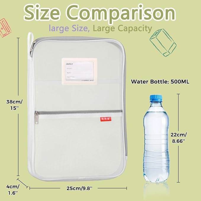 Pendancy Mesh Zipper Pouch 14.8x10.8 in Transparent Lightweight Nylon File Folders, A4 Size Multi-layer Subject Document Organizer Accessories Storage bag for Office and School Supplies(White)