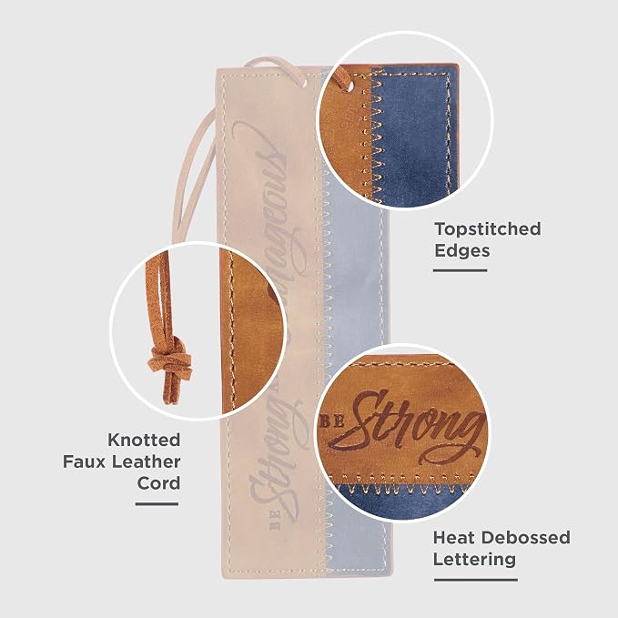 Christian Art Gifts Premium Vegan Leather Scripture Bookmark for Men & Women: Strong & Courageous Inspirational Bible Verse, Unique Sturdy Luxury Reading Book Accessory, Light Brown & Navy Blue & Cord
