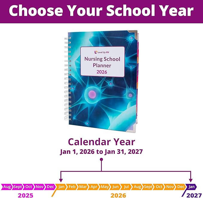 Nursing School Study Planner - Nursing Student Gifts - Spring 26/Fall 26 Calendar Year - Dates Start January 1st 2026 through January 31st 2027