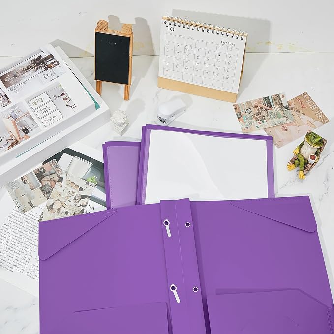 Henoyso 100 Pcs Plastic Folder with Clear Front Pocket and 3 Prong Plastic Folders with Card Slot Pocket Folders with Prongs for School Office (Purple)
