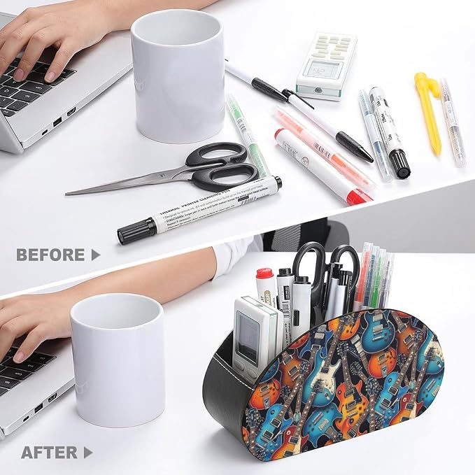 Remote Control Desk Caddy with 5 Compartments, PU Leather Holder for Media Players, Controllers, and Office Supplies, Music Guitars
