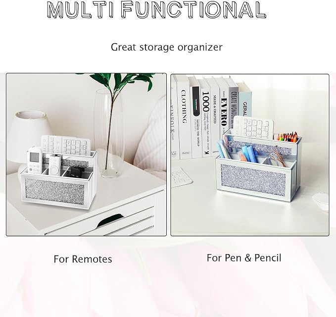Mirrored Remote Control Holder, Crushed Diamond TV Remote Holder Wall Mount, Desk Organizers and Accessories for Phone, Pad, Pen and Pencil, Remote Caddy