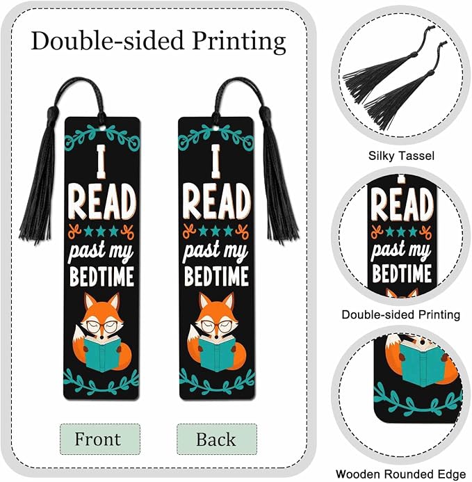Cute Fox Bookmarks 5 Pcs with Tassels Animal I Read Past My Bedtime Wooden Bookmarks for Reading Women Students Teacher Reader