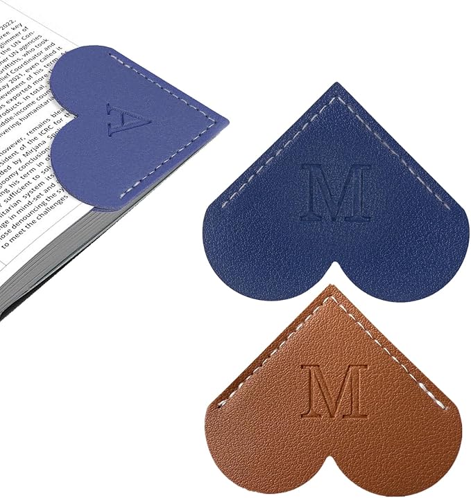 2Pcs Personalized Leather Heart Bookmark with Initial, 26 Letters Custom Corner Page Book Mark for Reading Women, Book Lovers, Teachers, Students, Cute Book Accessories Gifts(Blue+Dark Brown, M)