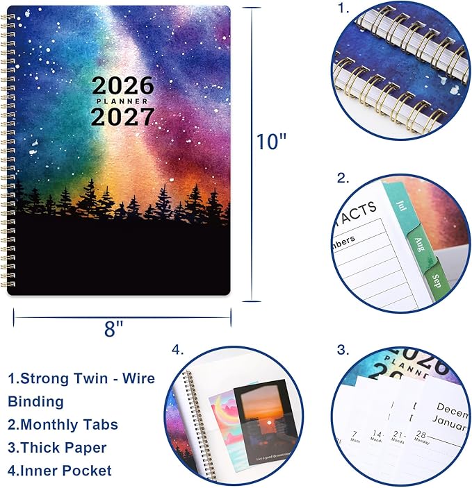 Planner 2026-2027 - Academic Planner 26-27, July 2026 - June 2027, 8" x 10", 2026-2027 Planner Weekly and Monthly, 26-27 Calendar Planners with Colorful Tabs, Spiral Binding, Pocket - Galaxy Forest