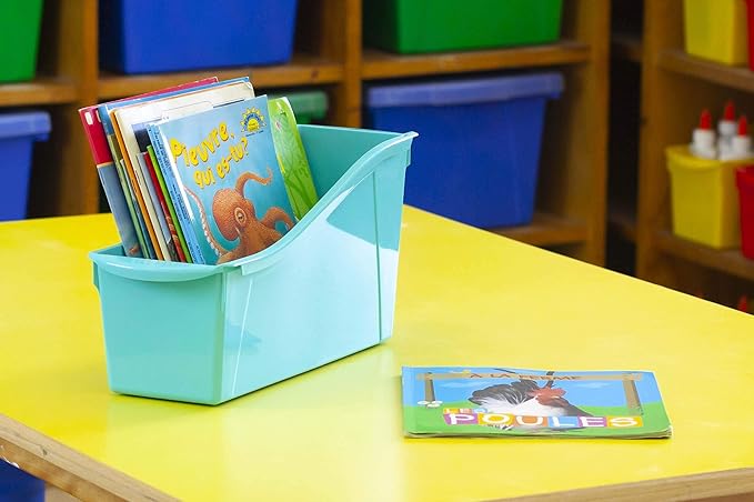 Storex Large Book Bin, Interlocking Plastic Organizer for Home, Office and Classroom, Purple, 6-Pack (71117U06C)