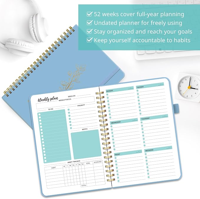 Taja Undated Weekly Planner, Weekly To Do List Notebook with Goal & Habit Tracker Organizer, A5 Weekly Planner Notebook with Spiral Binding, 6.1" x 8.2" - Blue