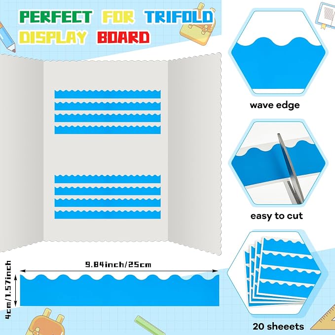 Henoyso 100 Pcs Science Fair Board Supplies Back to School Include 80 Trim Scalloped Bulletin Borders 20 Project Printable Adhesive Paper for Classroom Office Display(Blue)