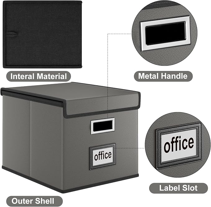 Faux Leather File Organizer Box with Lid, Collapsible Hanging File Folder Box Organizer with Plastic Slides, Decorative Home/Office Filing System Boxes for File and Folders Storage