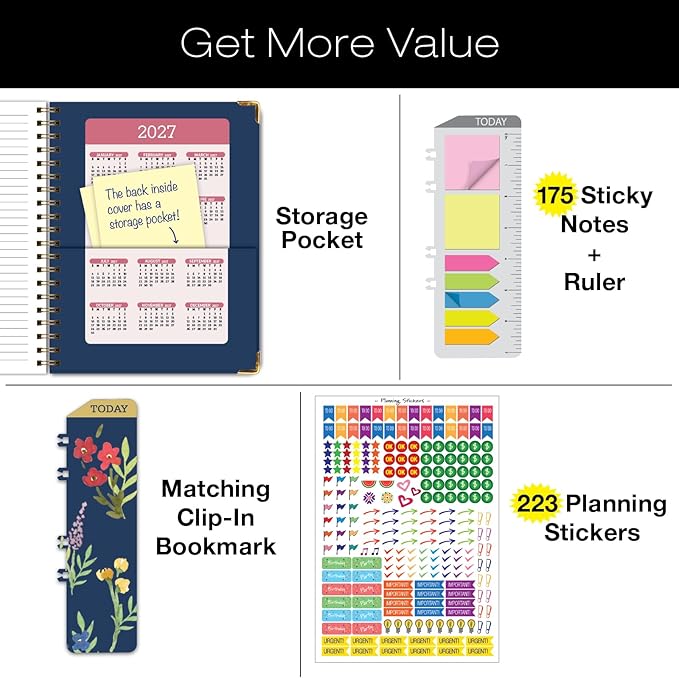 HARDCOVER 2026 Planner, 8.5"x11": 14 Months (November 2025 - December 2026), Daily Weekly Monthly Planner, Yearly Agenda, Bookmark, Pocket Folder and Sticky Note Set (Navy Gold Numbers)