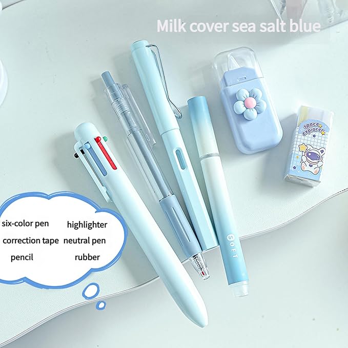 6Pcs Stationeries Set with Retractable Gel Pen Multicolored Pen Eraser Pencil Marker White Out Correction Tape Supplies