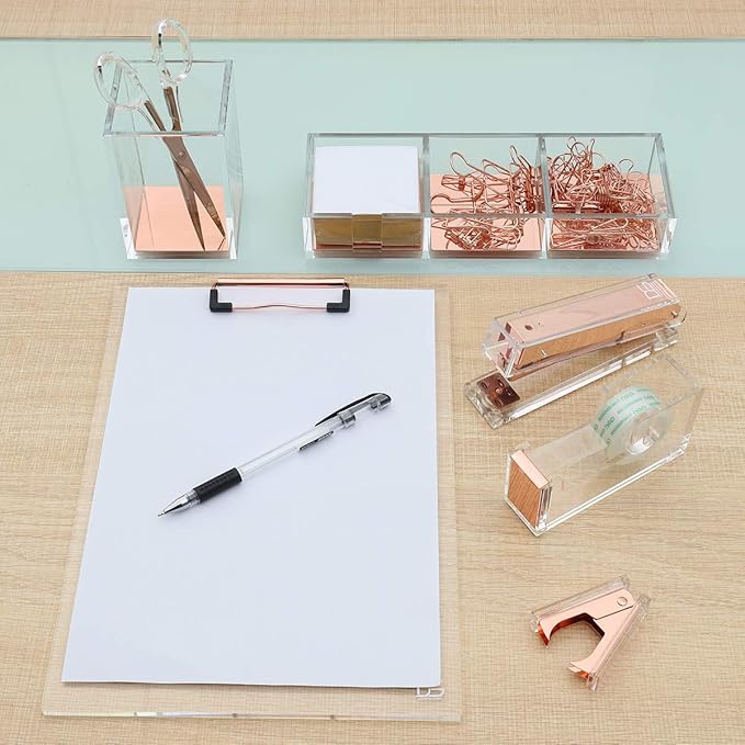 Rose Gold Desk Accessories Acrylic Stapler by DS DRAYMOND STORY - Full Sets Golden Desktop Stationery - Unique Gift Package