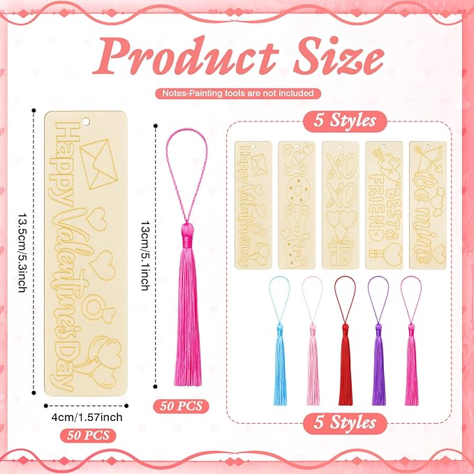 100 Pcs Valentine's Day Wood Bookmarks Bulk DIY Crafts Kit, 50 Set Blank Valentine Hearts Coloring Bookmarks with Tassel for Classroom Gifts Exchange Activity Reading Party Favor Reward Goodie Fillers