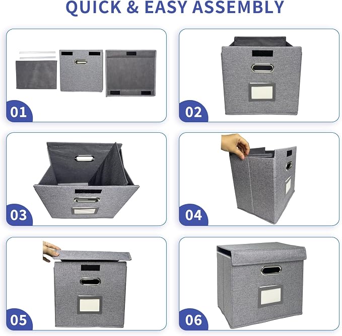 4 Pack Hanging File Folder Box with Lid, Durable Letter Size Filing Storage Box, Sturdy File Holder with Cardboard Support PVC Rails for Office Home Organizer, Gray