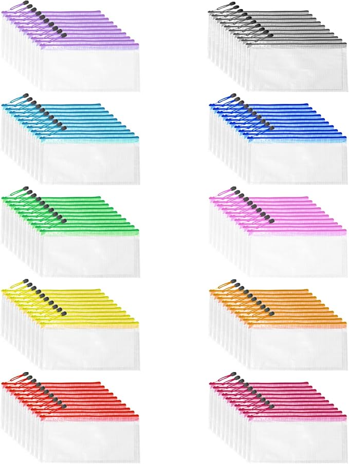 100 Pcs A6 Mesh Zipper Pouch Multipurpose Waterproof Pencil Bags 9.4" x 4.5" Small Mesh Zipper Pouches for School Office Supplies Organization, Multicolor Puzzle Bags 10 color