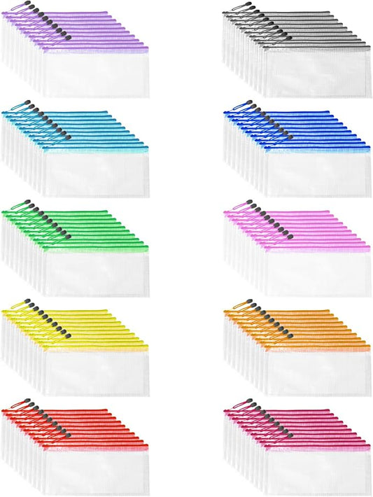 100 Pcs A6 Mesh Zipper Pouch Multipurpose Waterproof Pencil Bags 9.4" x 4.5" Small Mesh Zipper Pouches for School Office Supplies Organization, Multicolor Puzzle Bags 10 color
