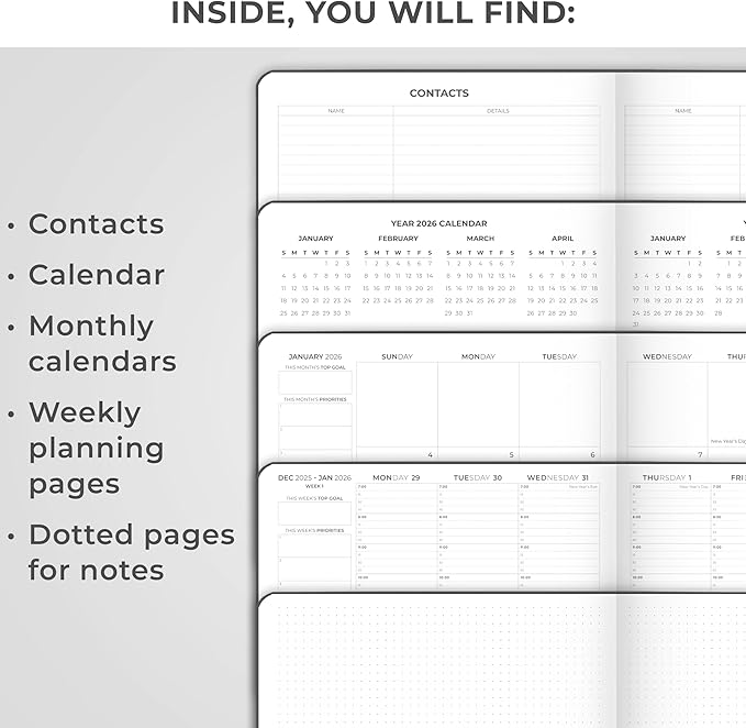 Clever Fox Appointment Book Dated Jan 2026-Jan 2027 – Hourly Schedule Planner with 15-Minute Increments – Time Box Planner for Daily Work & To-Dos – Hardcover, 8.3x11″ (Silver Black)