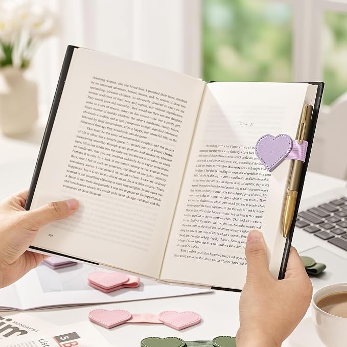 2Pcs Magnetic Leather Bookmarks with Gift Box Heart-Shaped Magnetic Pen Holder Book Marks Clip Gift for Book Lover Readers Cute Bookmark for Women, Purple