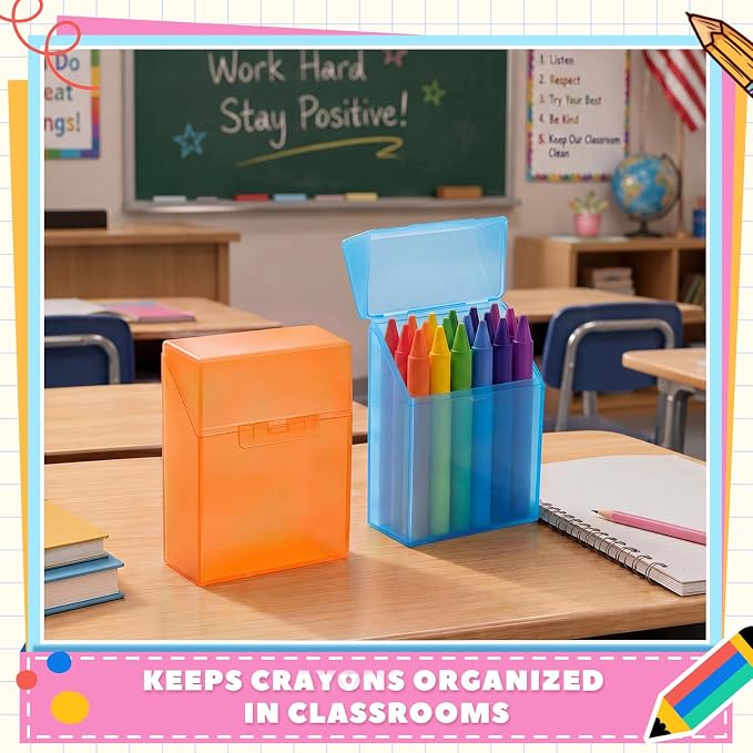 Clabby 4 Pcs Plastic Crayon Organizer Case for 24 Count Crayons Kids Art Supply Storage Box with Lid, Portable Holder for Classroom Home Travel, Fits Standard 24-Pack Crayon (Blue,Orange)