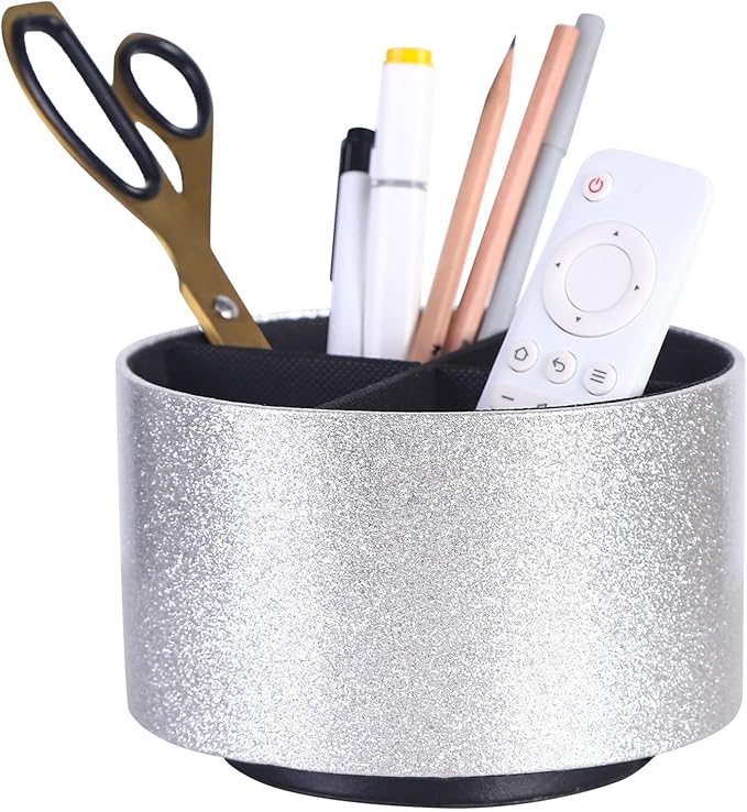 Spinning Caddy, PU Leather 360 Degree Rotating Remote Control Holder for Table with 4 Compartments, Cute Pen Holder Desk Organizer, Bling Silver PH100