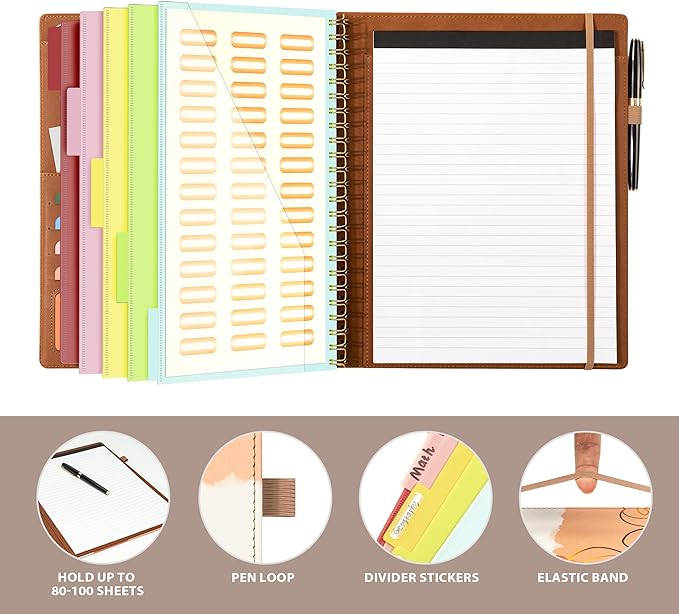 Ospelelf Clipboard with Storage for Men Women, Leather Padfolio Portfolio Organizer 5 Folders with 10 Pockets, Spiral Clipboard Folio with Notepad for Letter Size, Elastic Closure and Pen Loop Brown