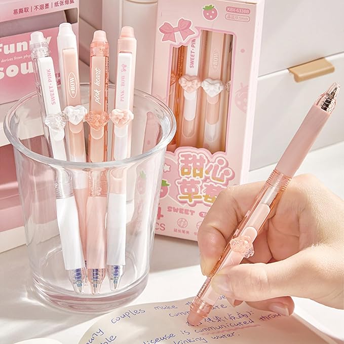 MOZXIRZ 4 Pcs Erasable Gel Pens Cute Pink Retractable Pens Cartoon Heart Erasable Pen 0.5mm Blue Ink Kawaii Writing Pen for Women Girls Boys Office School Supplies (Heart-Blue Ink)