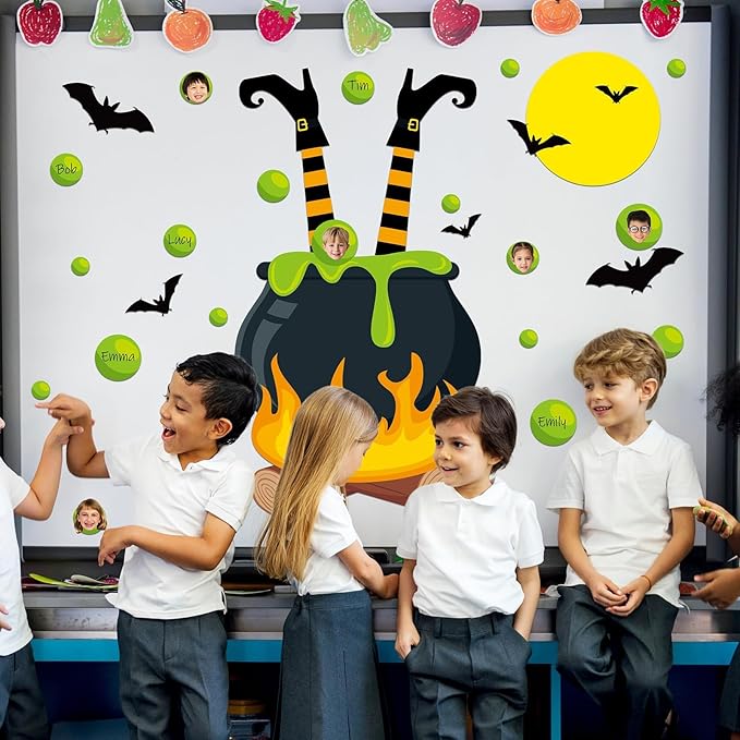 Halloween Bulletin Board Door Decorations Set Halloween Witch Theme Classroom Bulletin Board Magic Jar Green Bubble Bat Paper Cutouts for Witch Party Favors School Home Chalkboard Door Decor Supplies