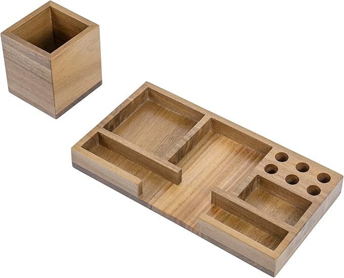 MyGift Wood Desk Tray Desk Organizer Office Desktop Pen Holder Sticky Note Holder Acacia Solid Wood Storage Tray