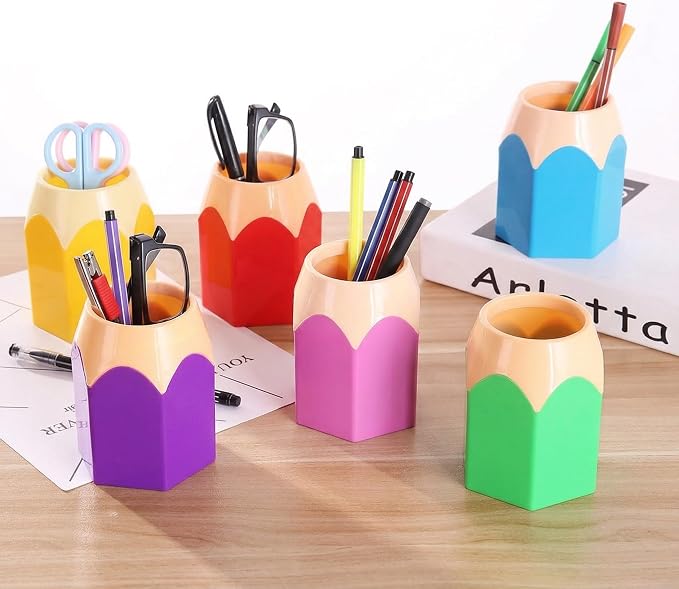 6pcs Pencil Shaped Pen Holders, Cute Desktop Pencil Cup & Makeup Brush Container - Creative Stationery Storage Organizer for Office & Home Decor, Durable Pen Cups, Colorful Containers