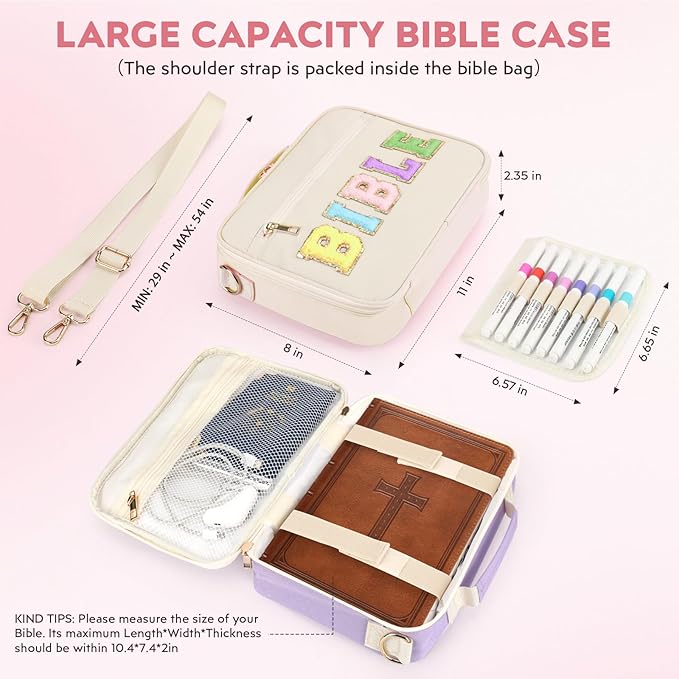 Bible Cover Case for Women Grils, Preppy Bible Bag with Adjustable Shoulder Strap, Waterproof Bible Carrying Tote Bags Holder for Bible Study Supplies Accessories & Christian Gifts (Beige)