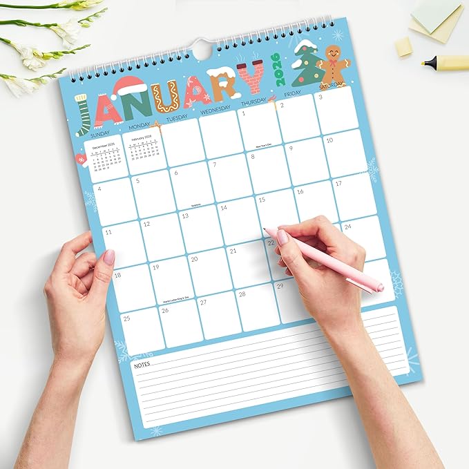 SUNEE Wall Calendar 2025-2026- 18 Months Oct. 2025 - Mar. 2027, 11.5"x14.5" Vertical Grid Hanging Calendar with Note for Organizing & Planning, 2026 Monthly Calendar with Last Month and Next Month, Cute
