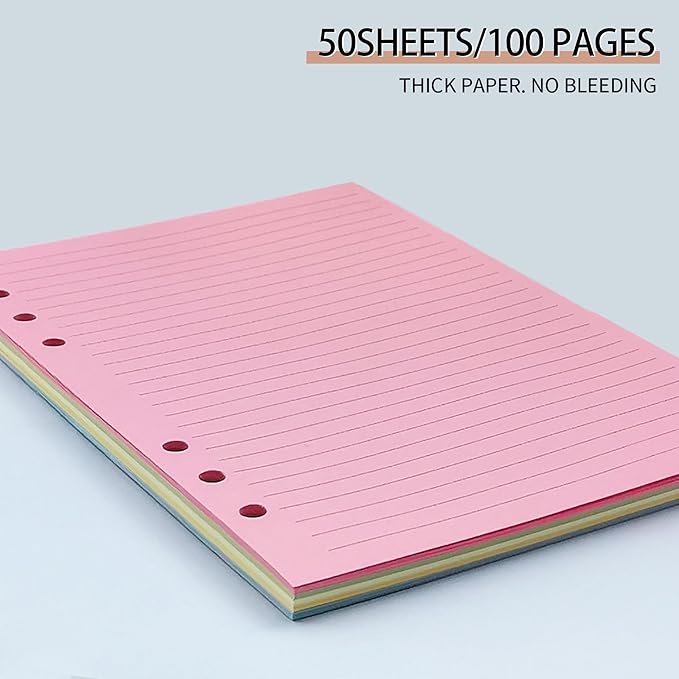Lined Refill Paper, A5 Planner Inserts, Colorful Ruled Journal Fillers for 6-Ring Binder,5-color 120 GSM Thick Loose Leaf Paper,50 Sheets/100 Pages(50, A5（8.26x5.6in）)
