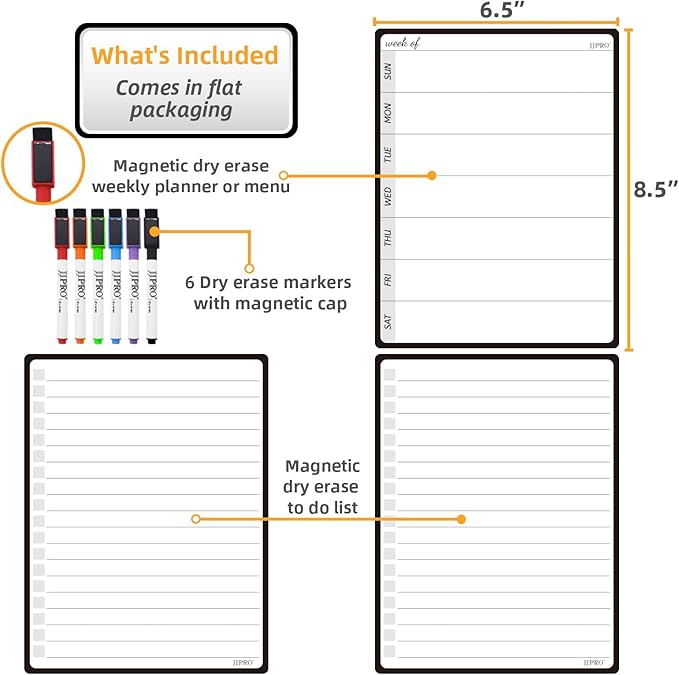 JPRO Magnetic Weekly Calendar and to Do List for Fridge - 8.5" x 6.5" Weekly Meal Planner for Refrigerator and Dry Erase Daily to-Do List -6 Markers Included!