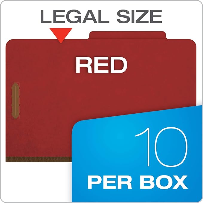 Pendaflex Recycled Classification File Folders, 1 Divider, 2" Embedded Fasteners, 2/5 Tab Cut, Legal Size, Red, Box of 10 (28775R)