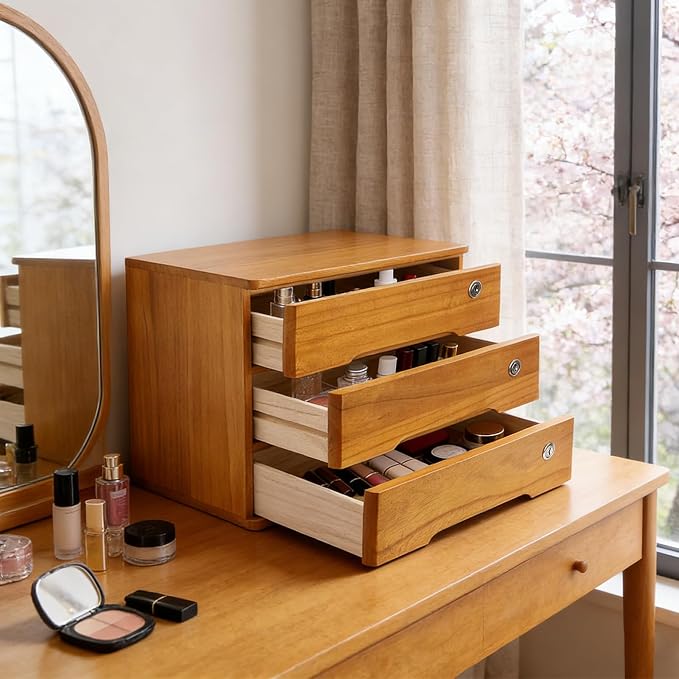 Wooden Desktop Storage Box with Lockable Drawers, Flat File Cabinet Drawer Desktop Storage Box, Countertop Storage Cabinet for Office Home Toiletries Supplies Vanity (Wood yellow, 3 Drawer)