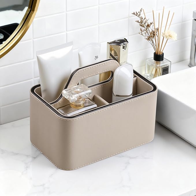 Caddy Organizer with Handle, PU Leather Remote Control Holder Desk Caddy, Portable Makeup Remote Organizer for Table, Nightstand, Office (Beige)