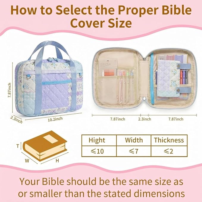 Quilted Bible Cover for Women, Zippered Bible Case with Handle, Bible Organizer Bag w/Multiple Pockets & Pen Slots Lightweight Bible Tote Bag for Church Study, Gifts for Women (Spliced Flower, Blue)