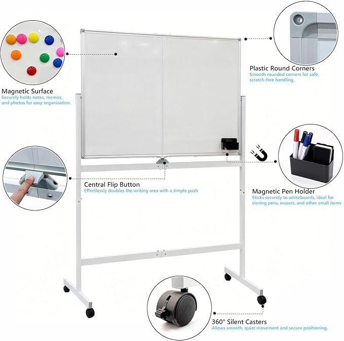A AIRLLEN Rolling Whiteboard - 48x32 Double Sided Magnetic Dry Erase Board with One-Click Flip Button, Mobile Standing White Board for Teaching, Brainstorming & Office Presentations