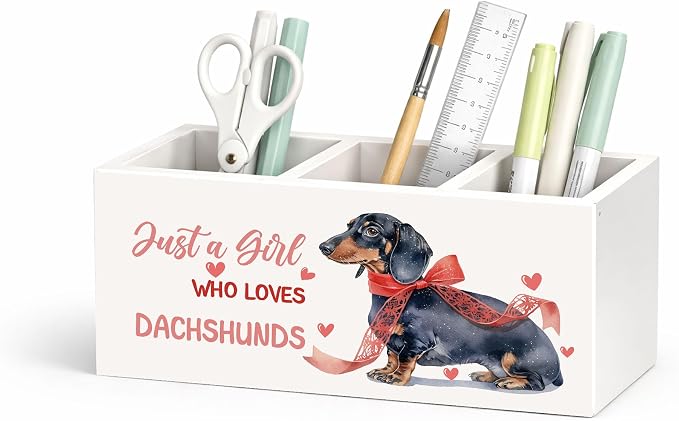 Dachshund Desk Organizer Wooden Pen Pencil Holder for Desk, 3 Compartments Office Accessories, Just a Girl Who Loves Dachshunds Decor, Cute Dachshund Lover Gift for Women Home Office
