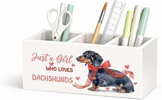 Dachshund Desk Organizer Wooden Pen Pencil Holder for Desk, 3 Compartments Office Accessories, Just a Girl Who Loves Dachshunds Decor, Cute Dachshund Lover Gift for Women Home Office